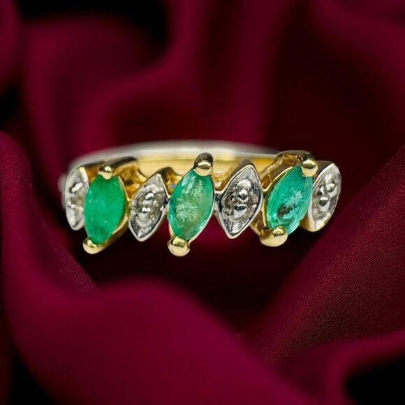 VINTAGE- 10K Gold - Natural Colombian Emerald Diamond Ring -sz 6 -Marquise -1.7g - Picture 13 of 16